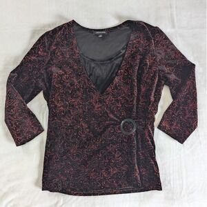 Notations‎ Black Red Swirl Glitter Velvet Faux Wrap Top Womens Sz M Festive Glam